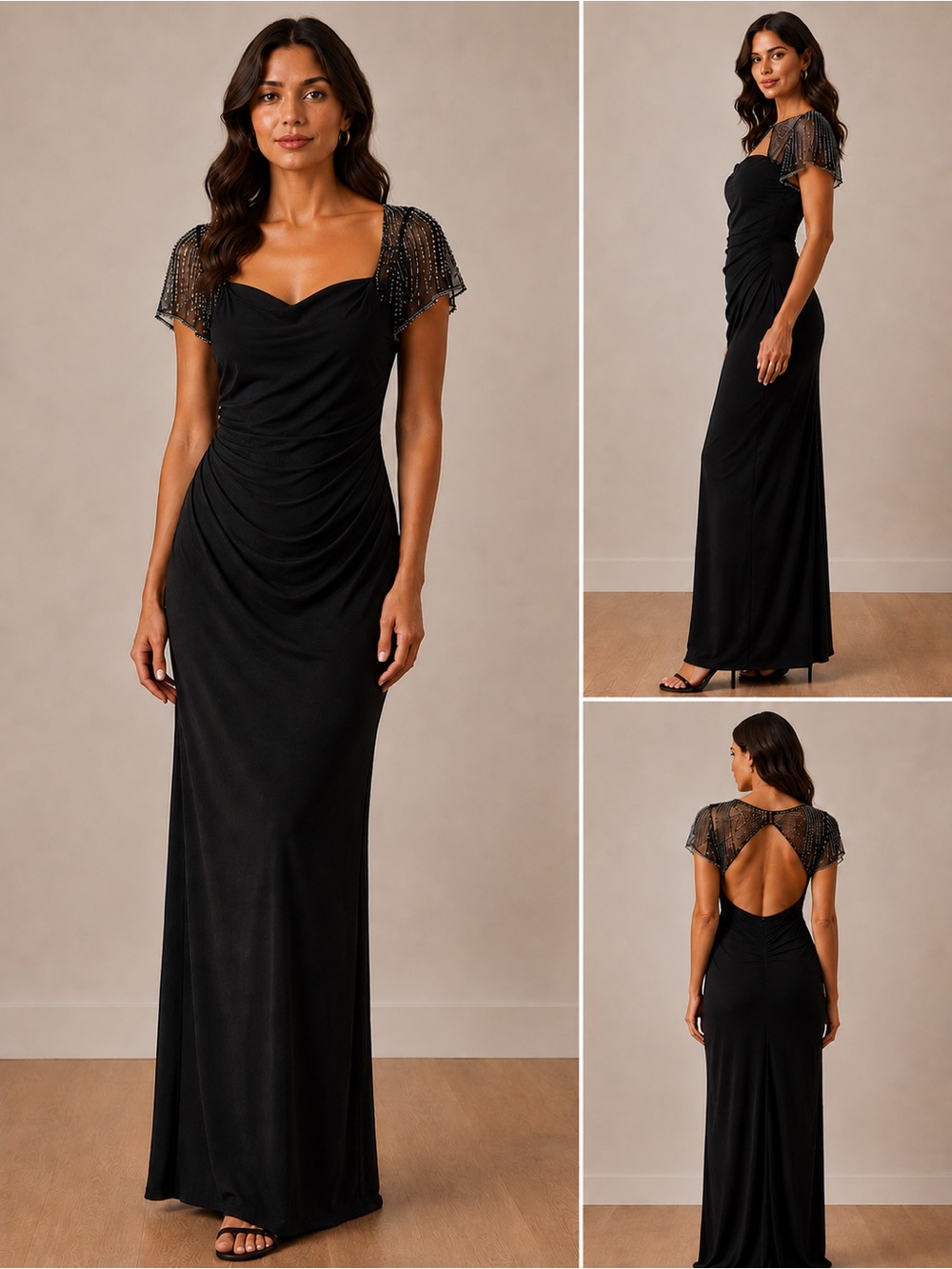 Betsy & Adam Black Beaded-Cap Sleeve Ruched Maxi Dress